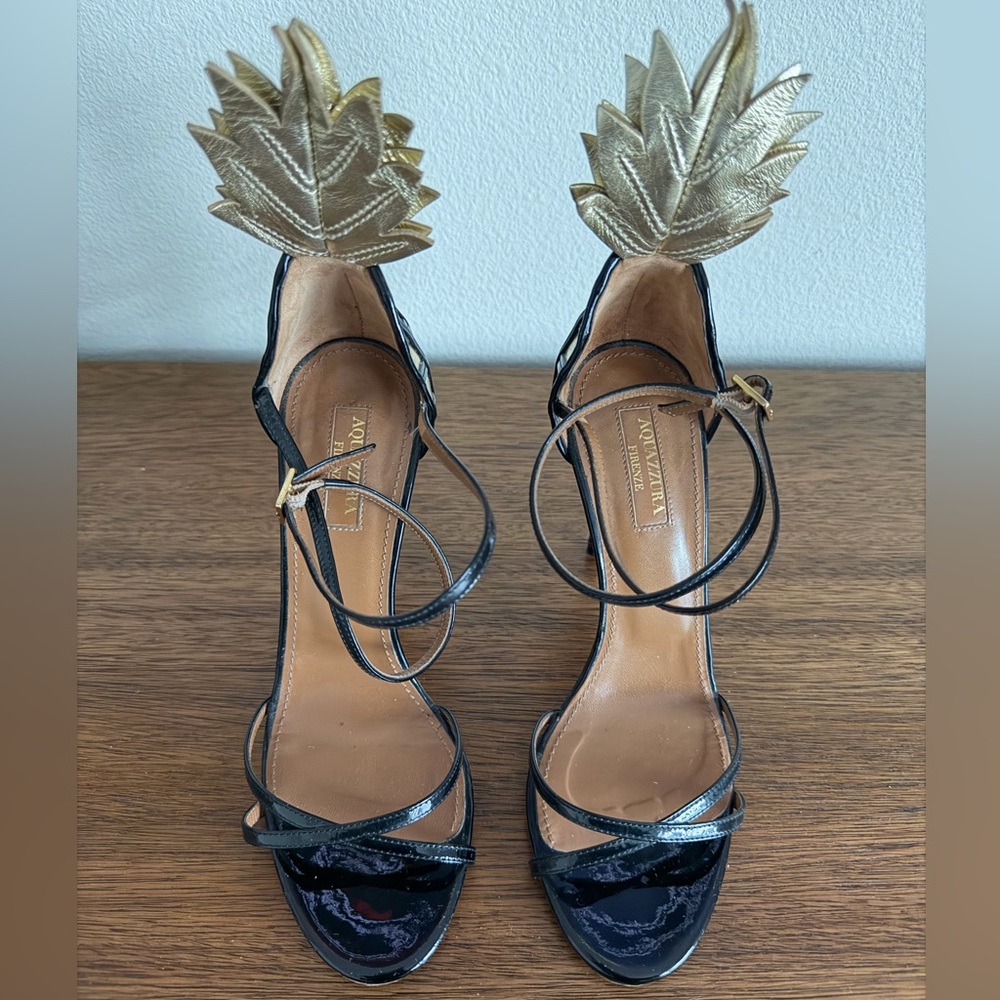 Aquazzura Black & Gold Feather/Leaf Sandals – Statement Heels